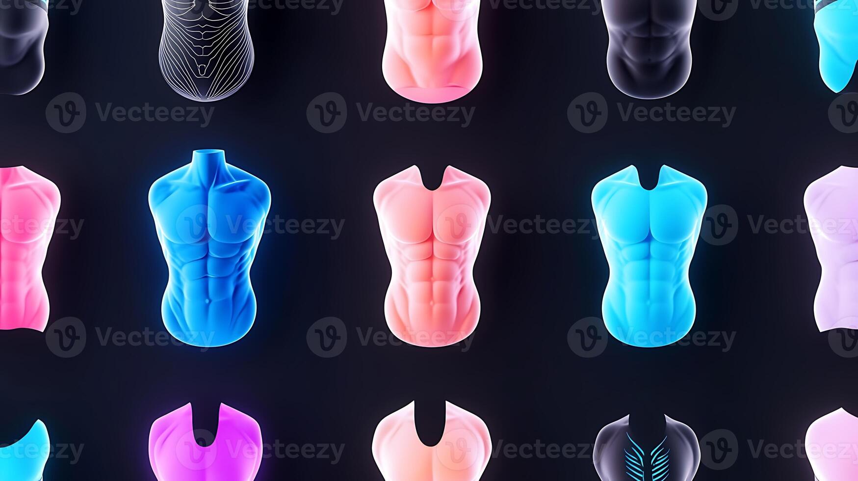 Colorful 3D torso models showcasing diverse human anatomy in a modern digital art setting photo