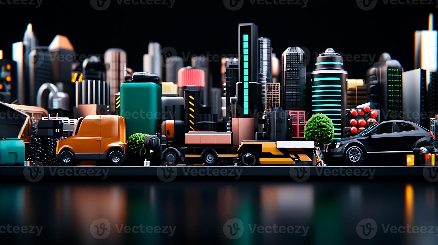 Colorful 3D cityscape with vehicles and trees under a dark sky, showcasing urban life and architecture photo
