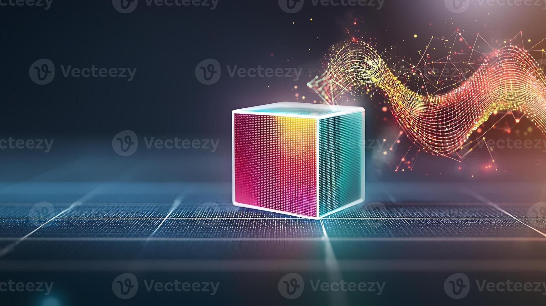 Colorful 3D cube with glowing edges and dynamic wave patterns in a digital space photo