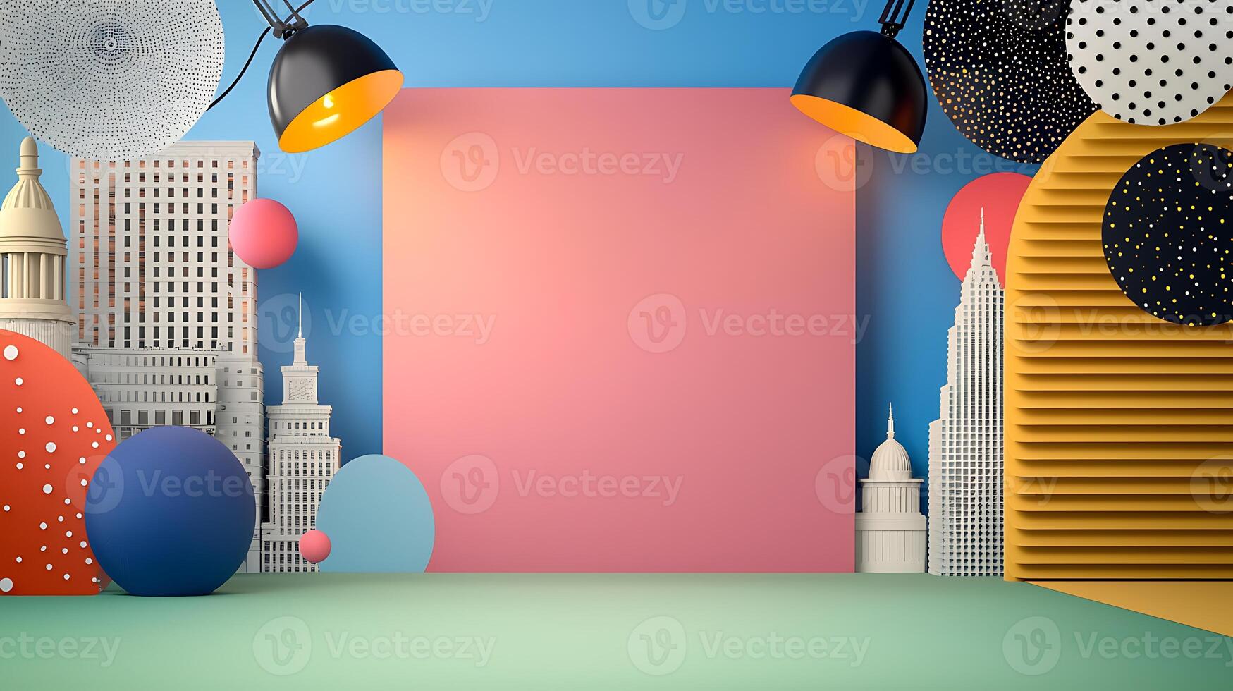 Colorful abstract background with geometric shapes and city skyline, ideal for creative projects photo