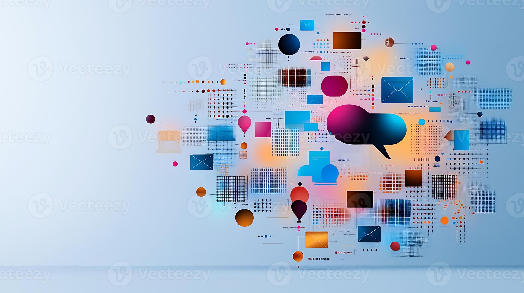 Colorful abstract composition of communication icons and shapes against a soft blue background photo