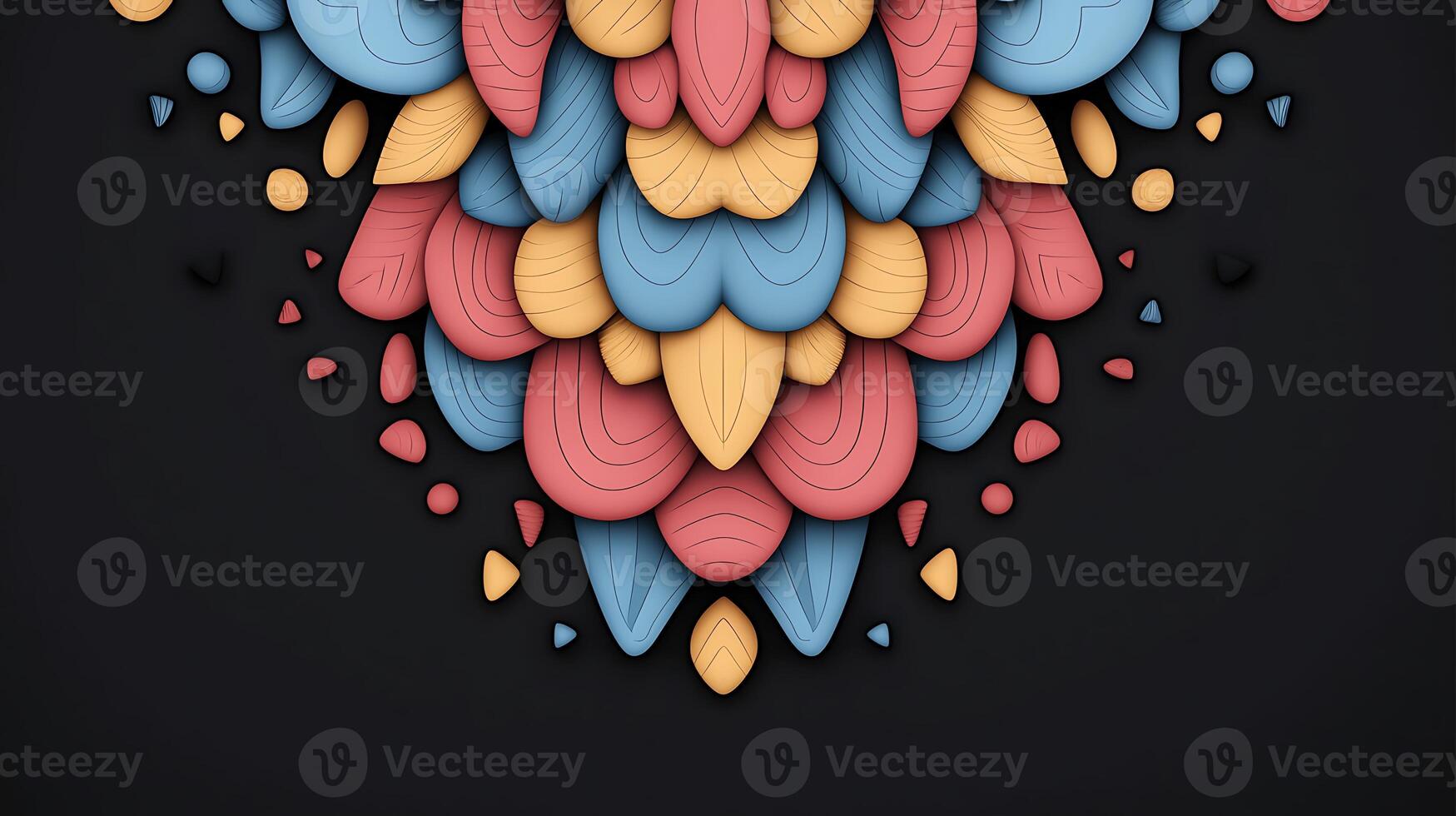 Colorful abstract design featuring layered shapes in red, blue, and yellow against a dark background photo