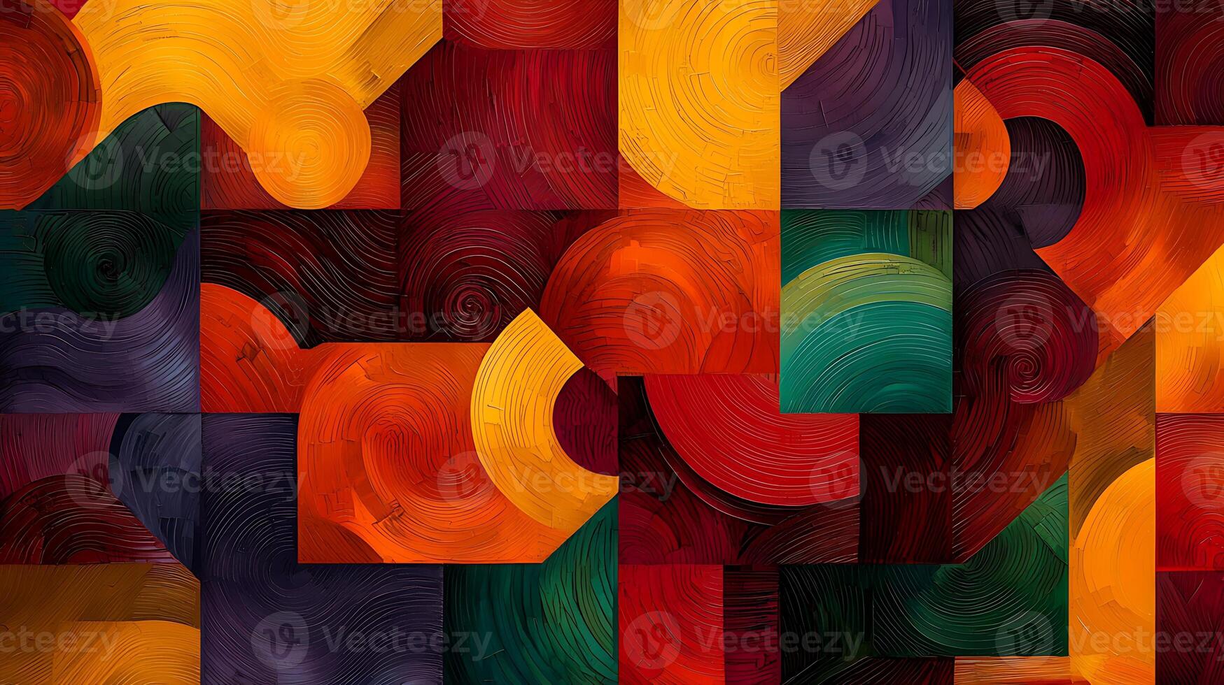 Colorful abstract composition featuring swirling patterns and geometric shapes in vibrant hues photo