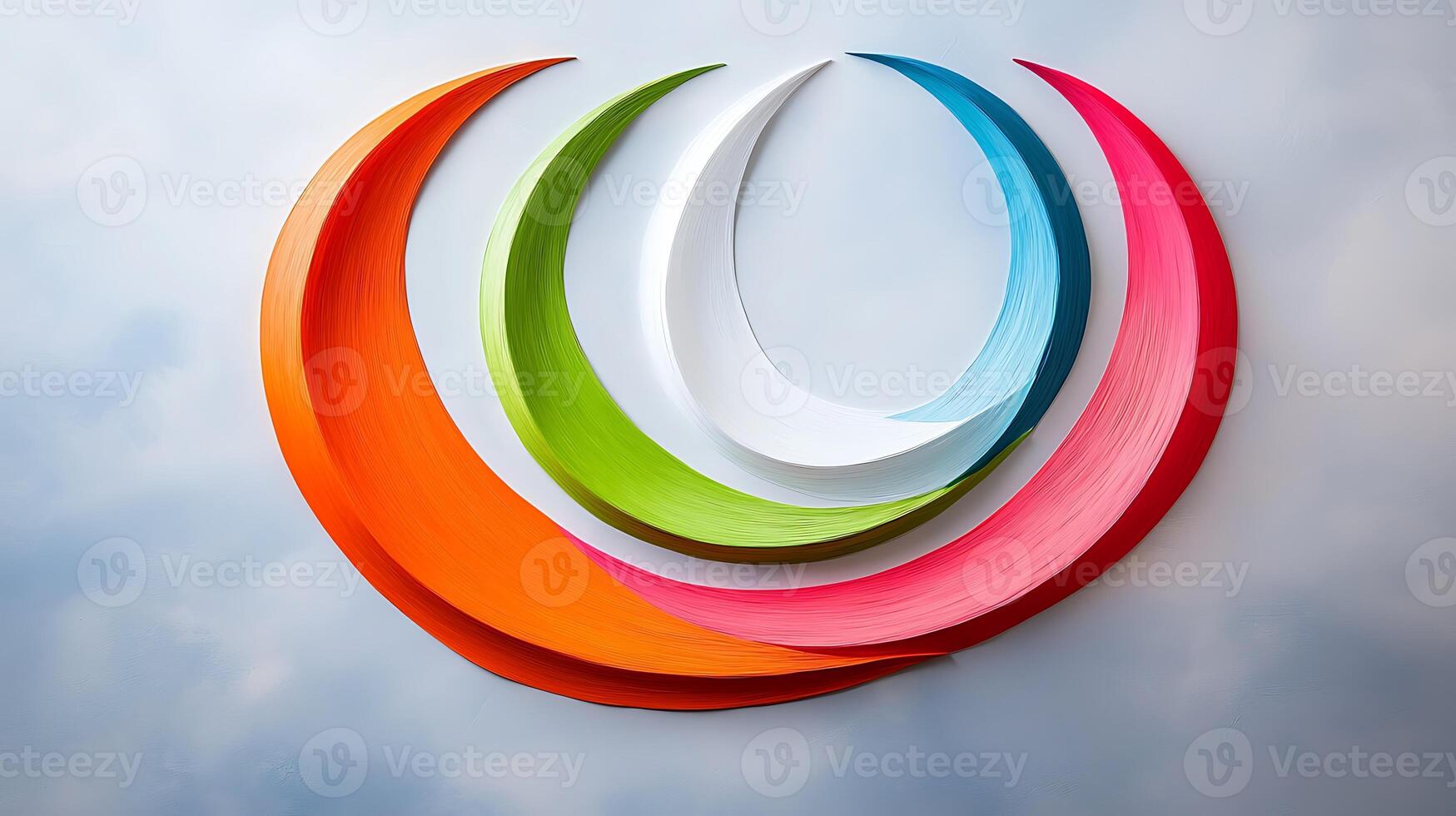 Colorful abstract design featuring curved shapes in vibrant hues against a soft sky background photo