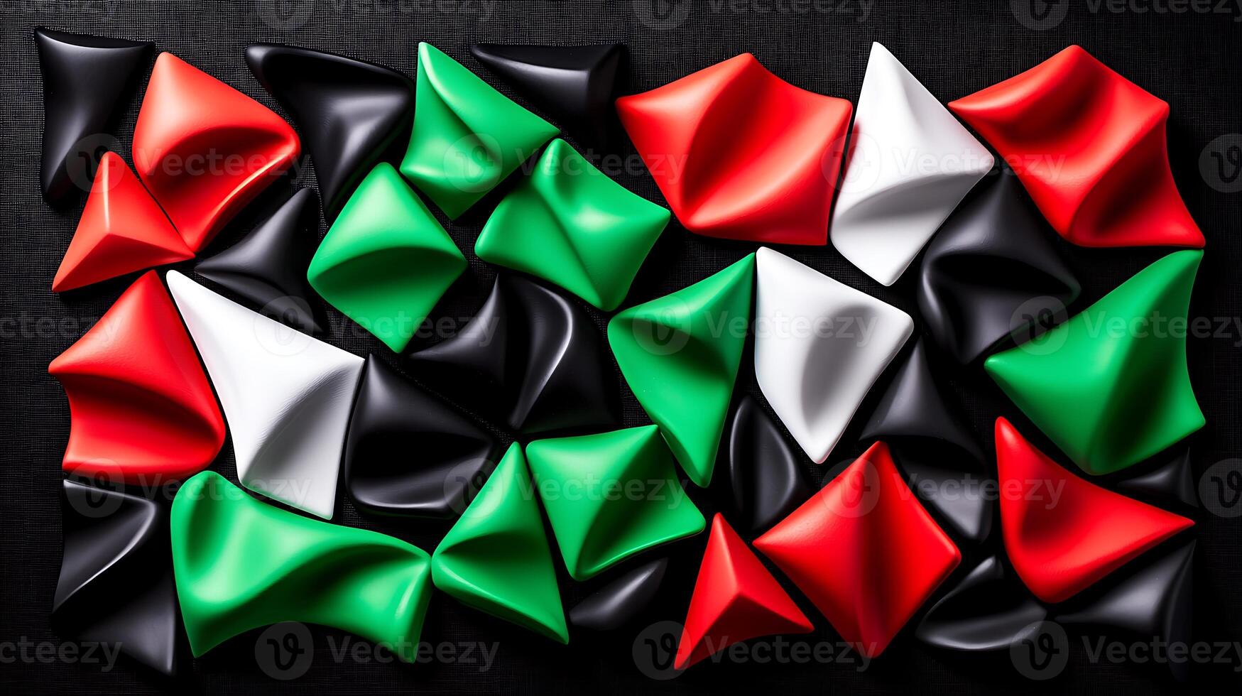 Colorful abstract design featuring crumpled shapes in red, green, black, and white with textured background photo