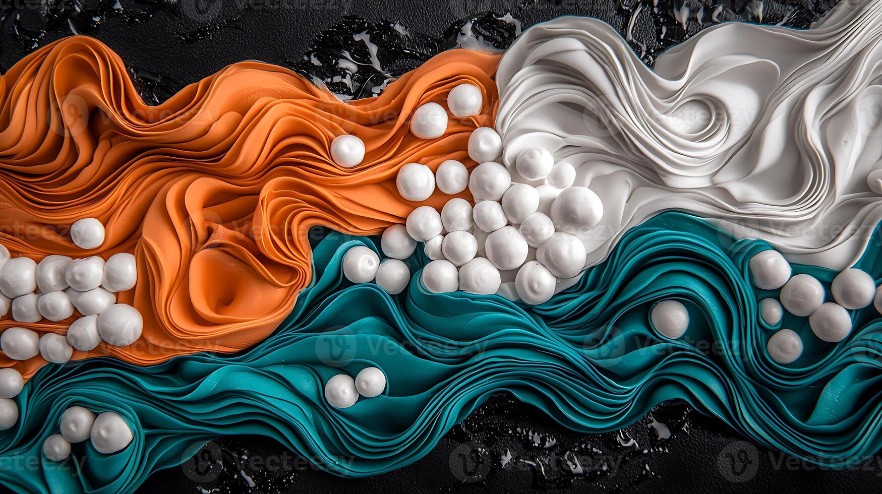 Colorful abstract design featuring flowing fabric-like textures in orange, white, and teal with spheres photo