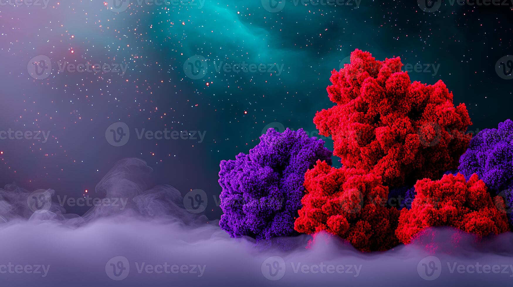Colorful abstract formations in a cosmic setting with vibrant hues and ethereal fog photo