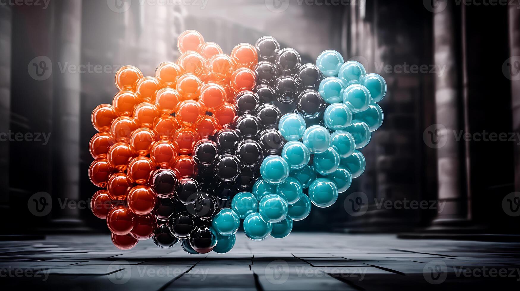 Colorful abstract molecular structure floating in a dimly lit ancient hall with stone pillars photo
