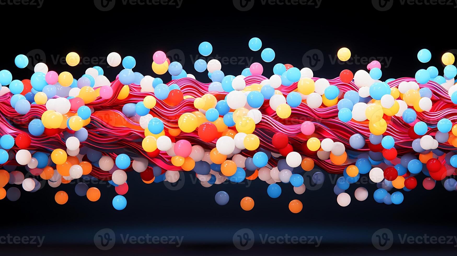 Colorful abstract representation of interconnected spheres and strands against a dark background photo