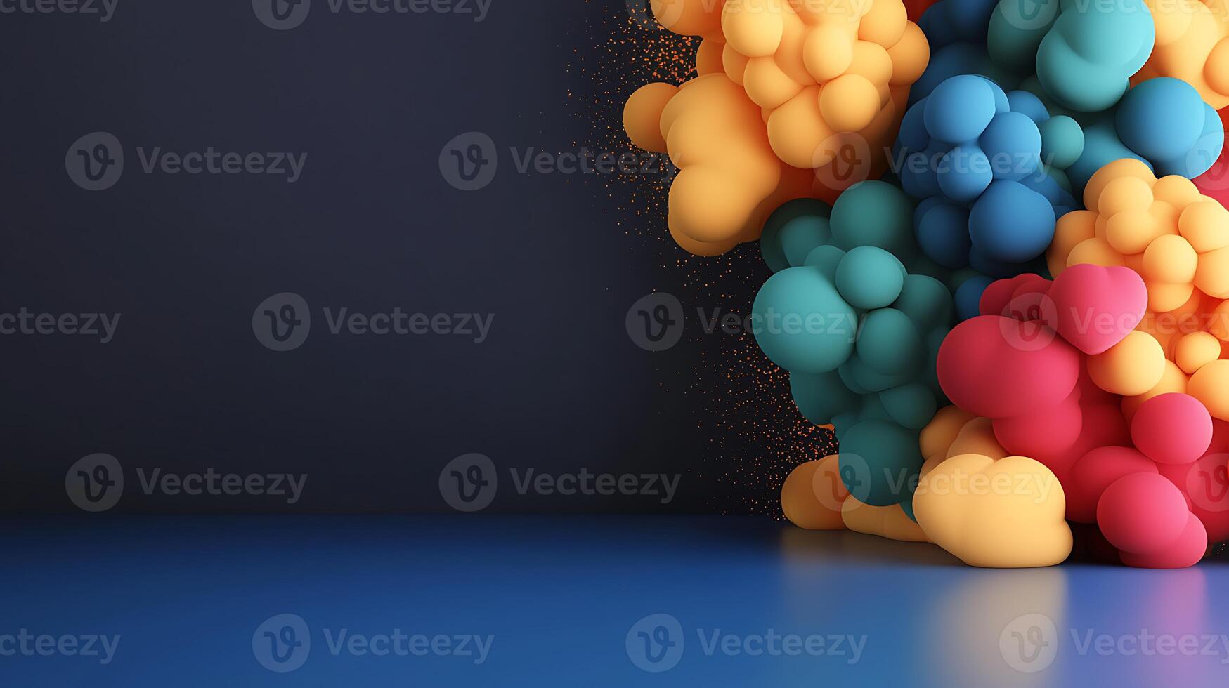 Colorful abstract shapes and bubbles clustered in a vibrant composition against a dark backdrop photo