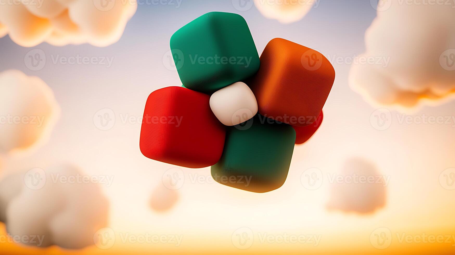 Colorful abstract shapes floating in a dreamy sky during sunset, evoking creativity and imagination photo