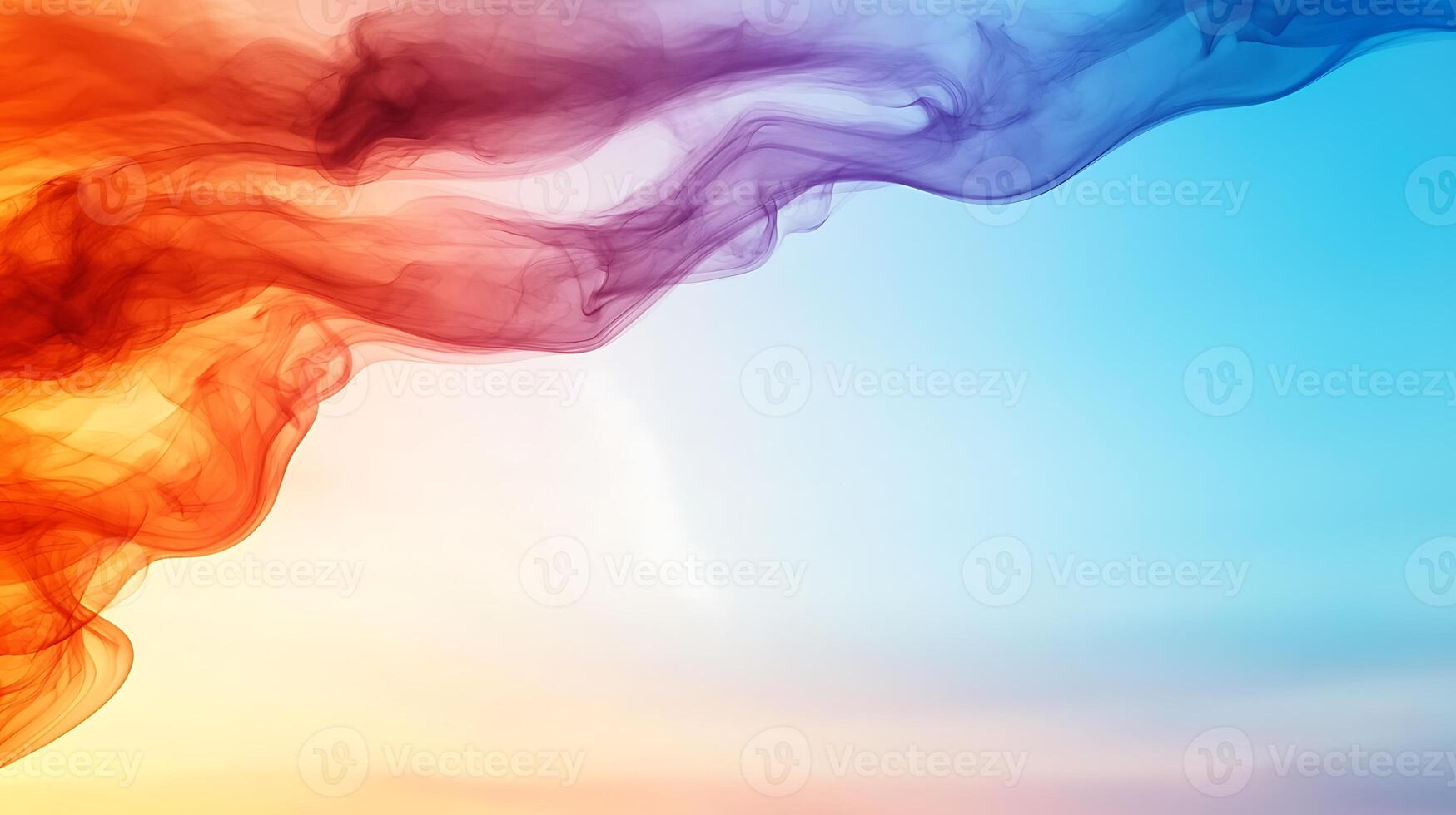 Colorful abstract smoke waves blending into a serene blue sky, creating a tranquil atmosphere photo