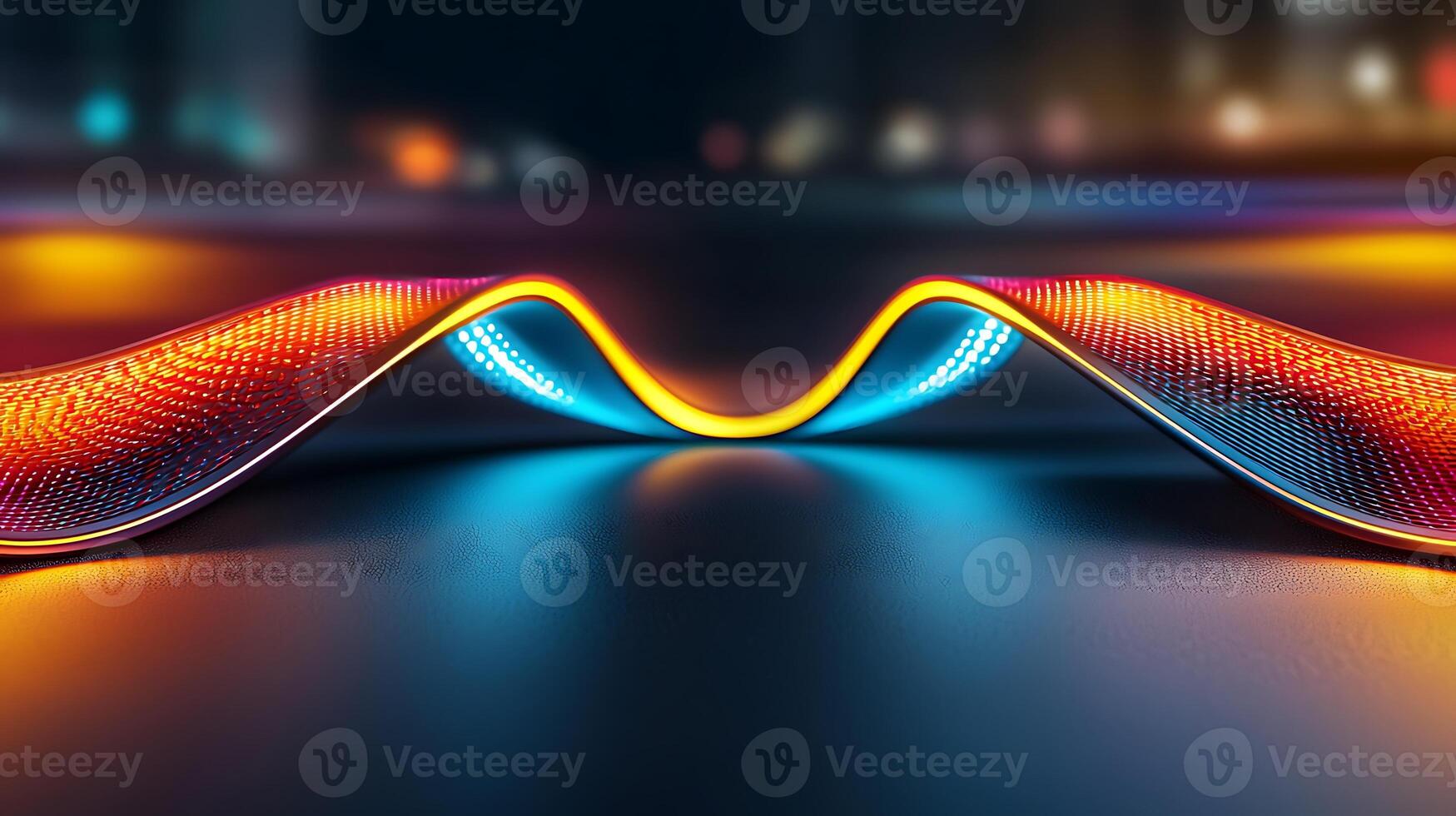 Colorful abstract wave pattern glowing in a dark environment with blurred city lights in the background photo