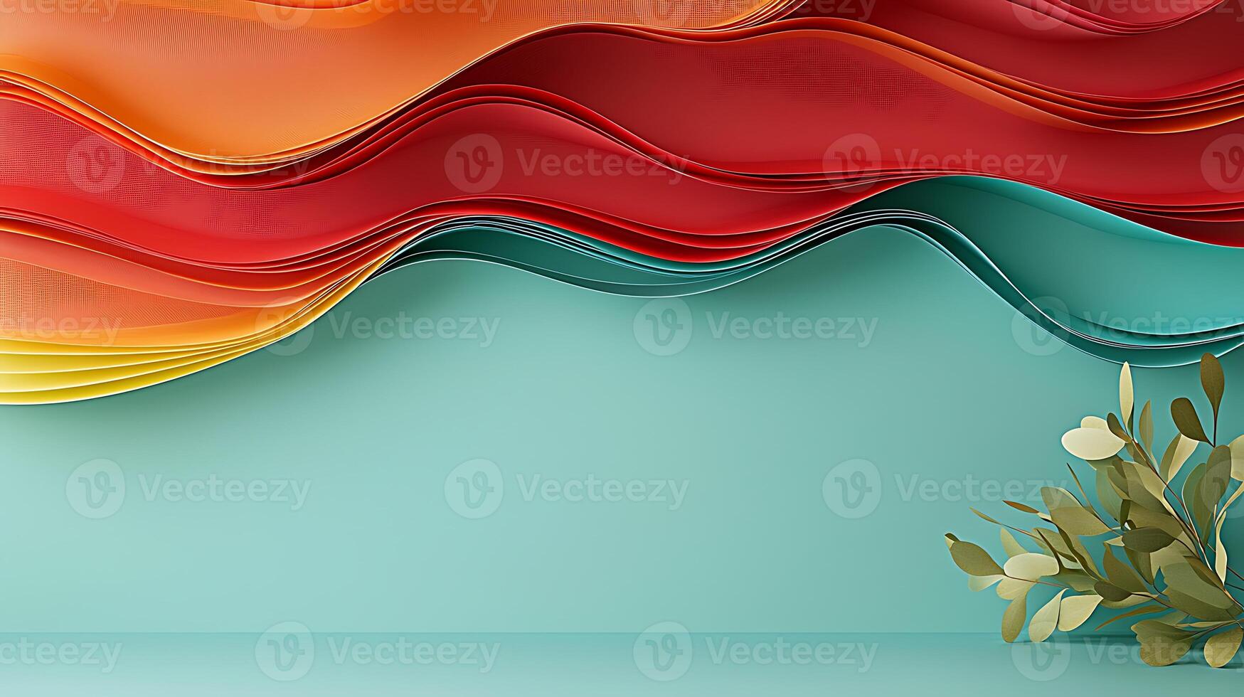 Colorful abstract waves in warm shades of orange and red against a soft teal background with foliage photo