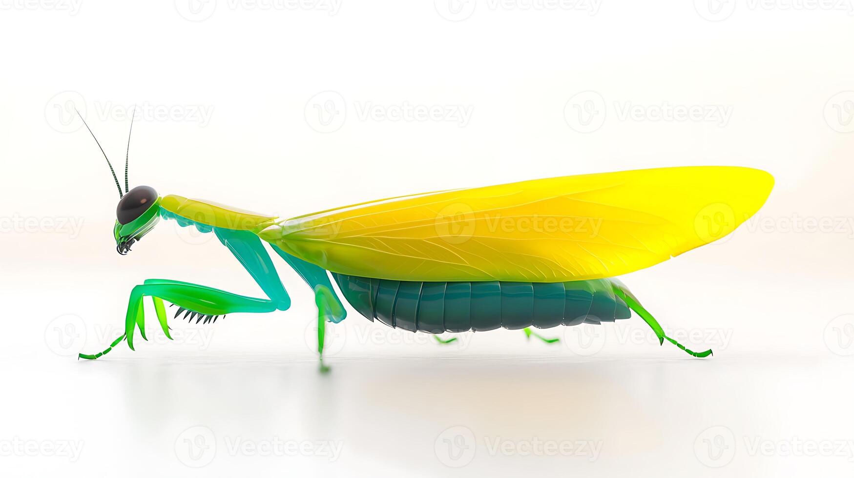 Colorful and stylized mantis with vibrant wings walking on a bright background, showcasing nature's beauty photo