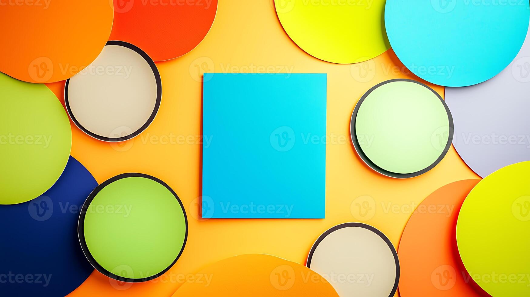 Colorful arrangement of circular shapes surrounding a blank blue canvas on a vibrant background photo