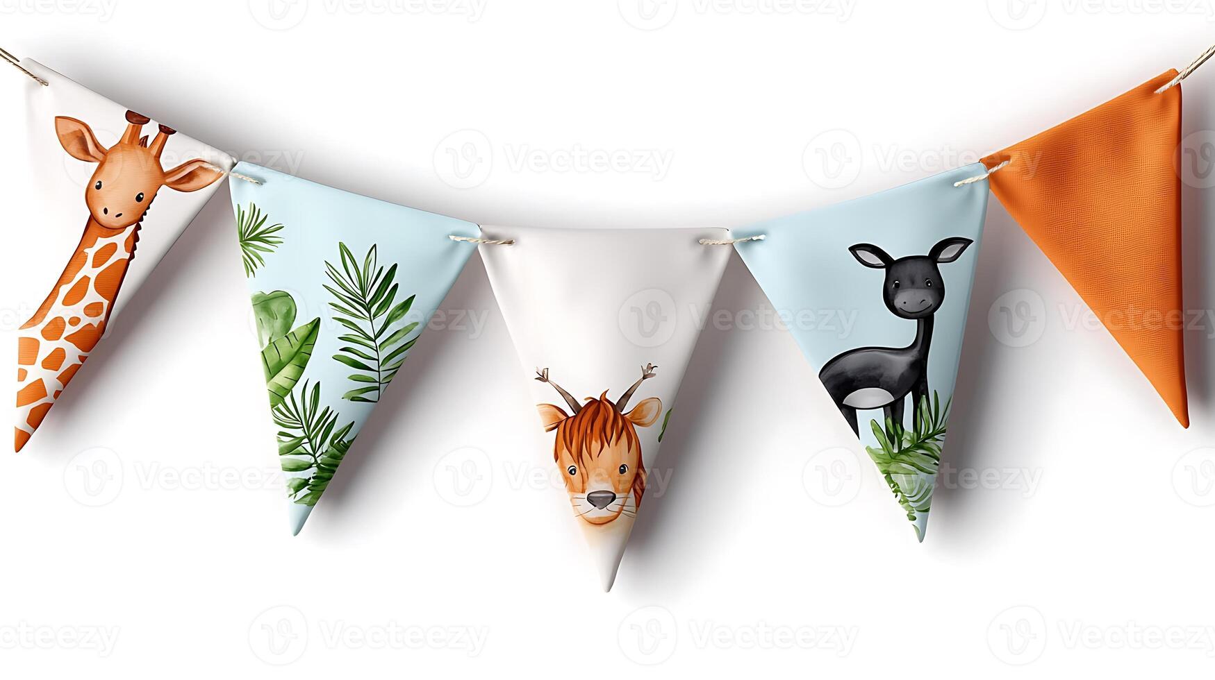 Colorful animal-themed bunting featuring a giraffe, deer, and black goat with foliage backdrop photo