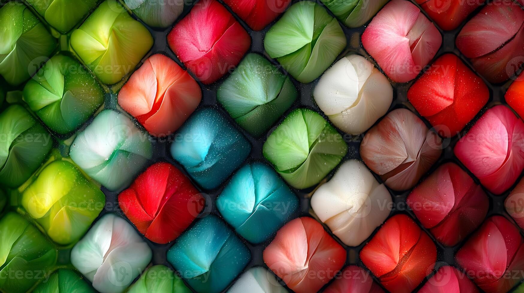 Colorful arrangement of artisanal soap bars in various shades and shapes, creating a vibrant display photo