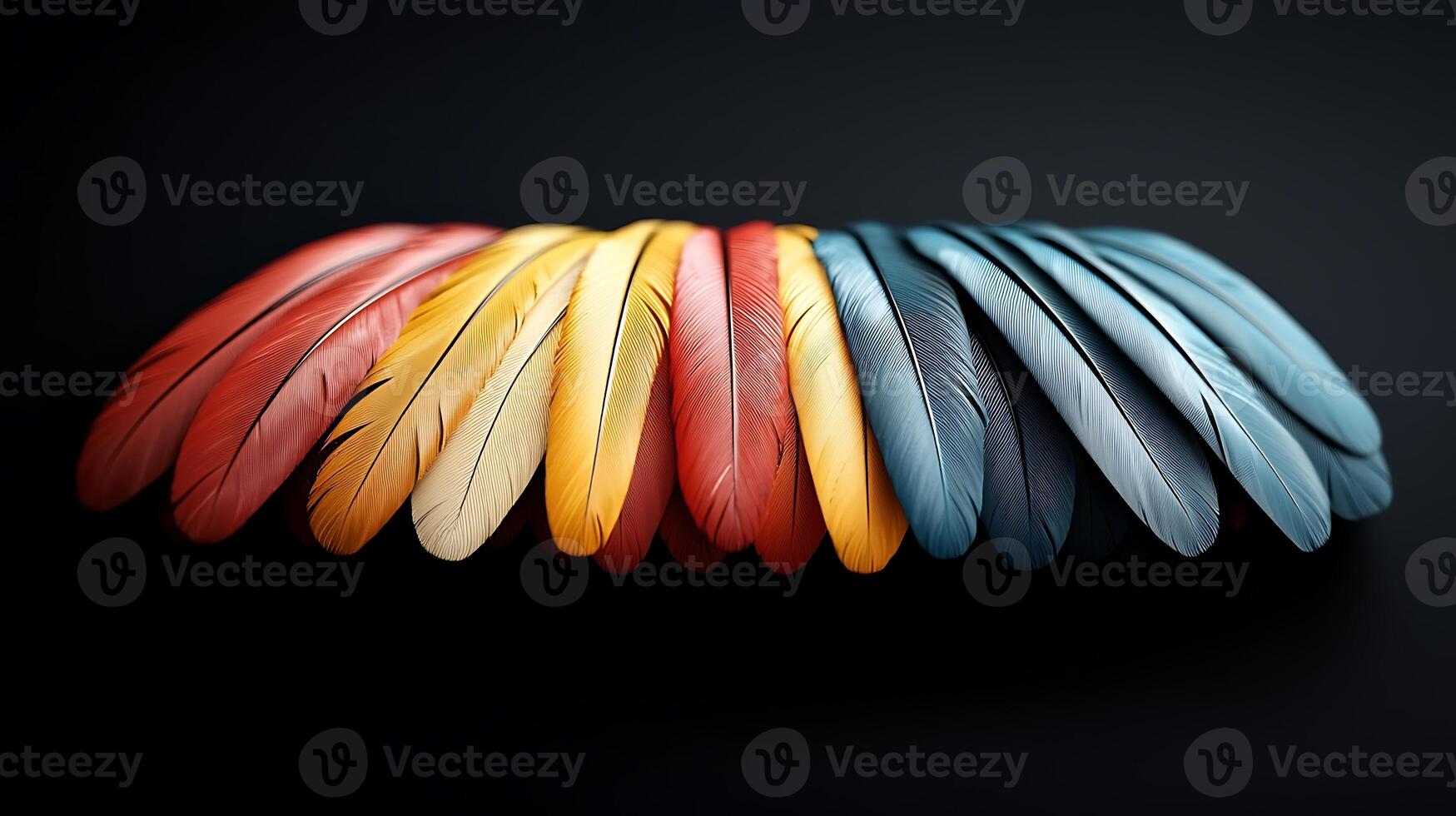 Colorful arrangement of feathers showcasing vibrant hues against a dark background photo