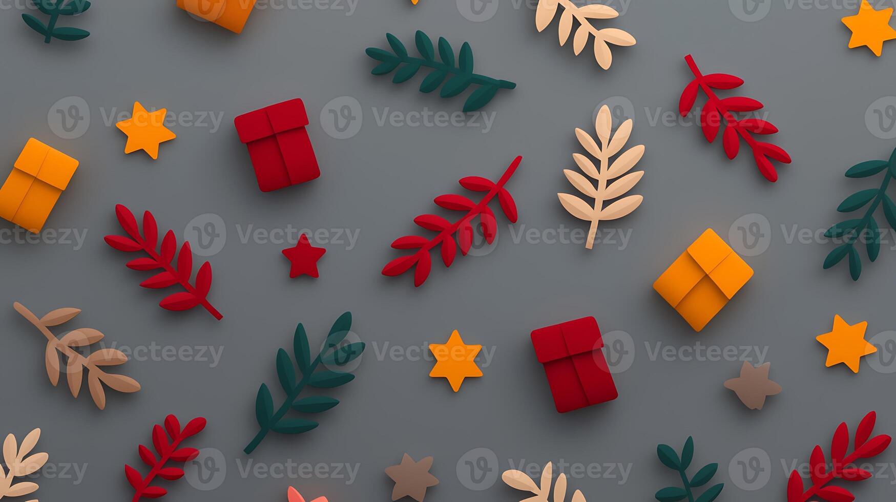 Colorful arrangement of festive leaves and gift boxes on a gray background, creating a cheerful atmosphere photo