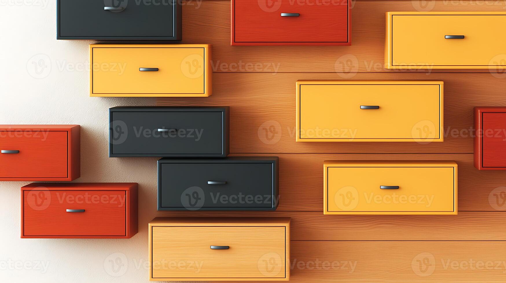 Colorful arrangement of drawers on a wooden wall, showcasing vibrant design and modern decor photo