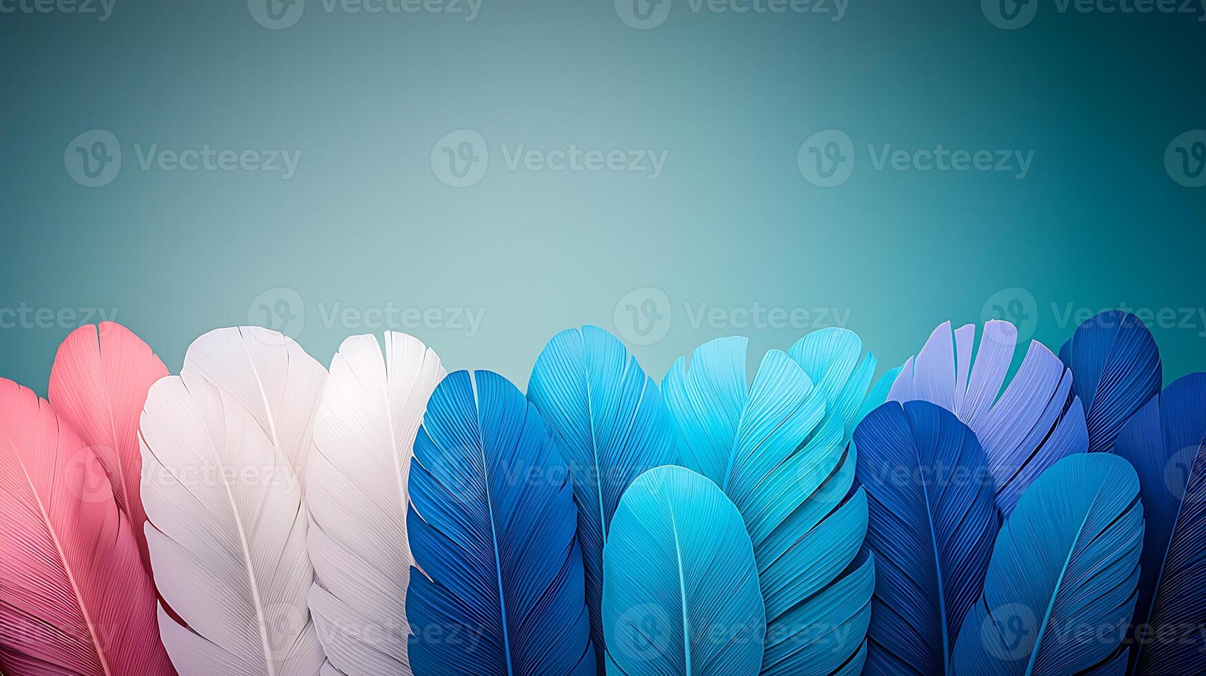 Colorful arrangement of feathers in various shades against a soft gradient background photo