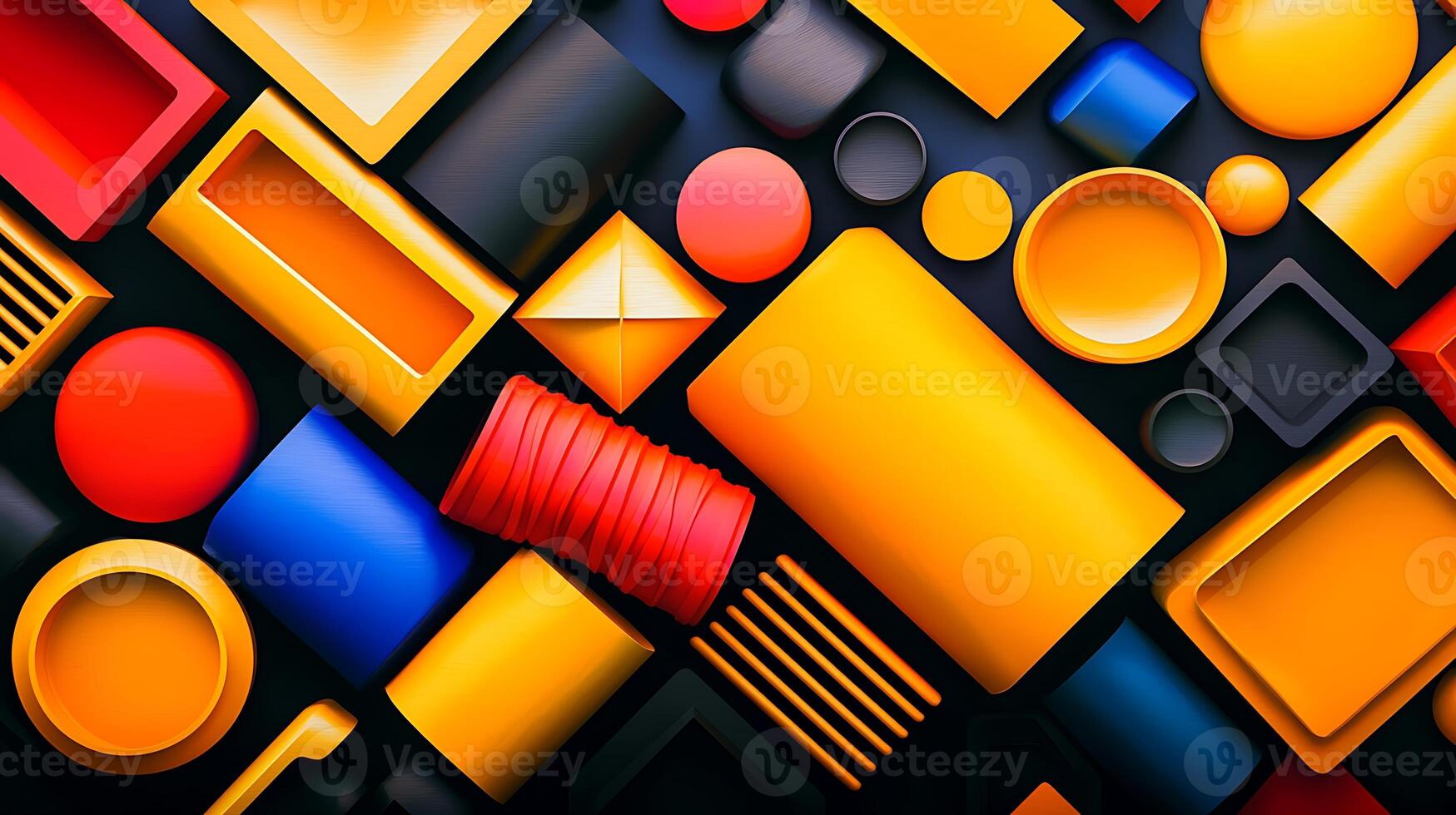 Colorful arrangement of geometric shapes in various sizes and colors on a dark background photo