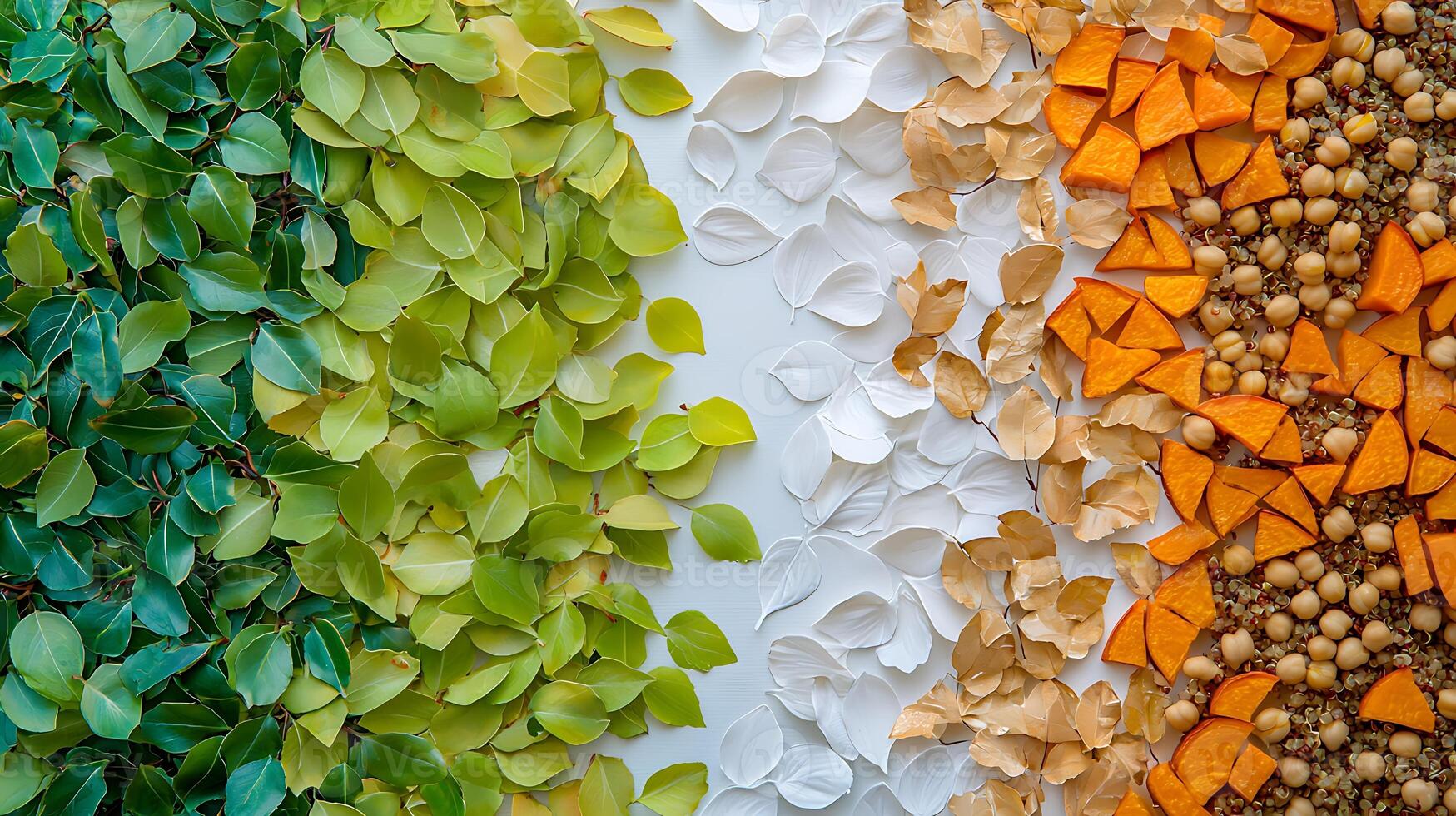 Colorful arrangement of leaves and natural materials creating a vibrant pattern on a flat surface photo