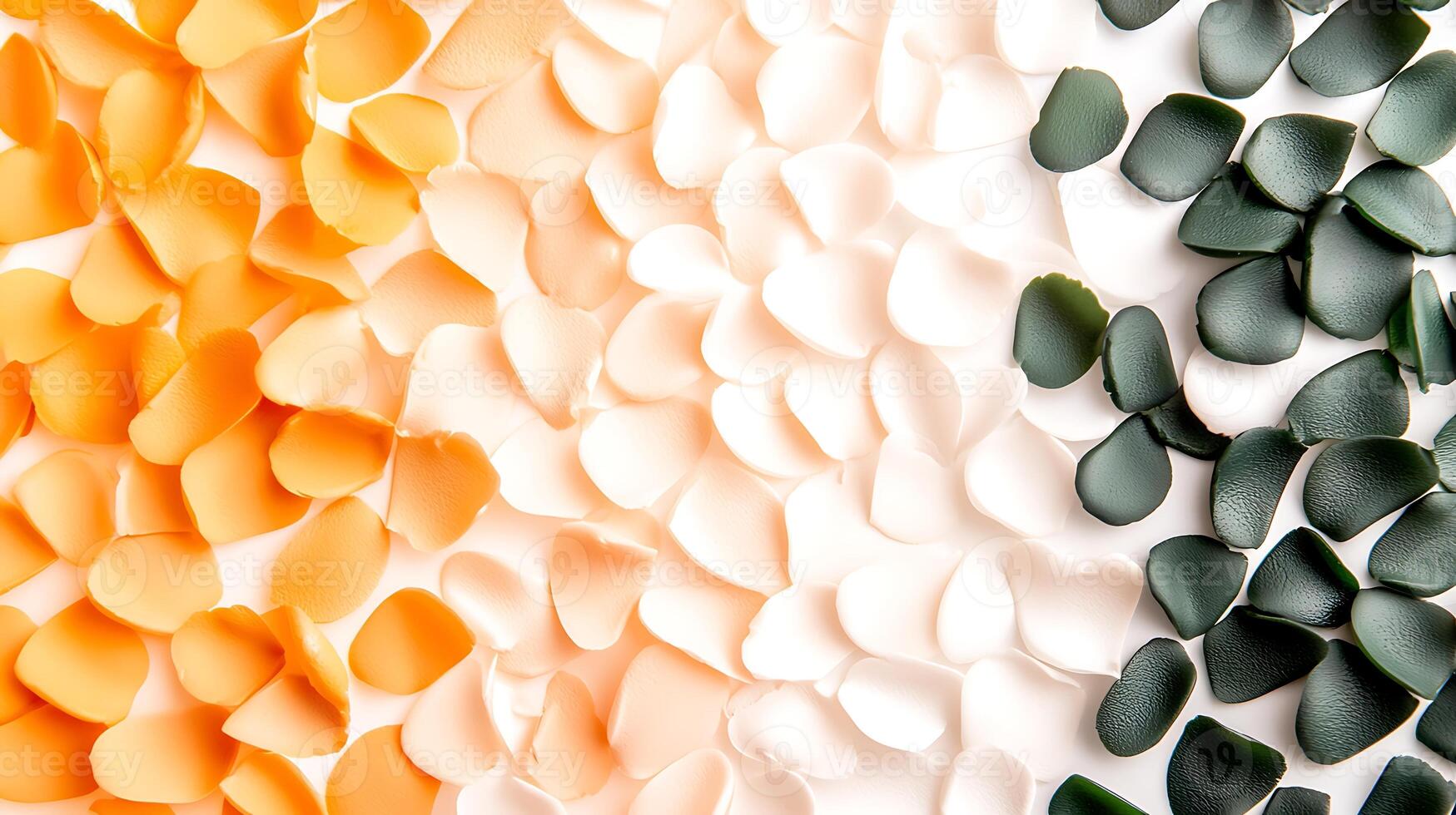 Colorful arrangement of petal-shaped pieces in orange, white, and green hues, creating a vibrant pattern photo