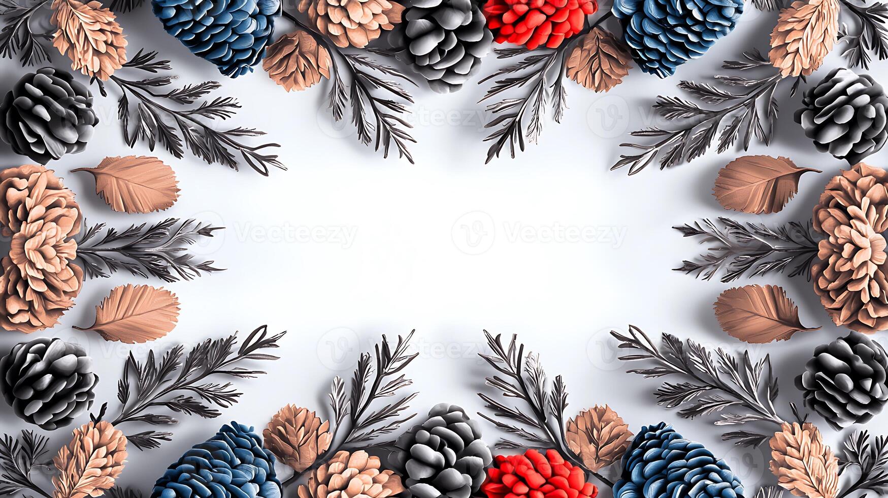 Colorful arrangement of pine cones and leaves framing a blank space for text or design photo