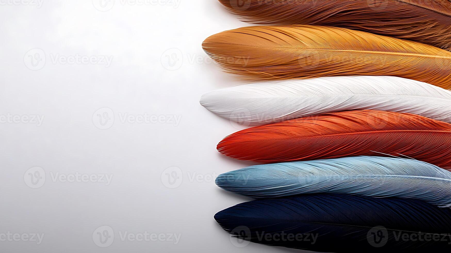 Colorful array of feathers arranged elegantly on a light background, showcasing vibrant hues and textures photo