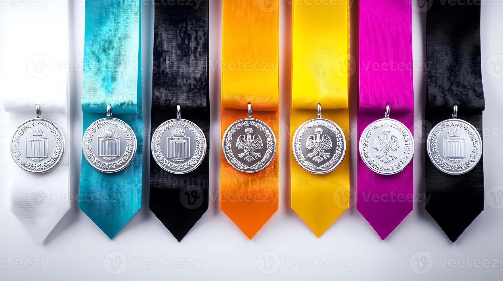 Colorful array of medals with ribbons displayed on a white background, symbolizing achievement photo