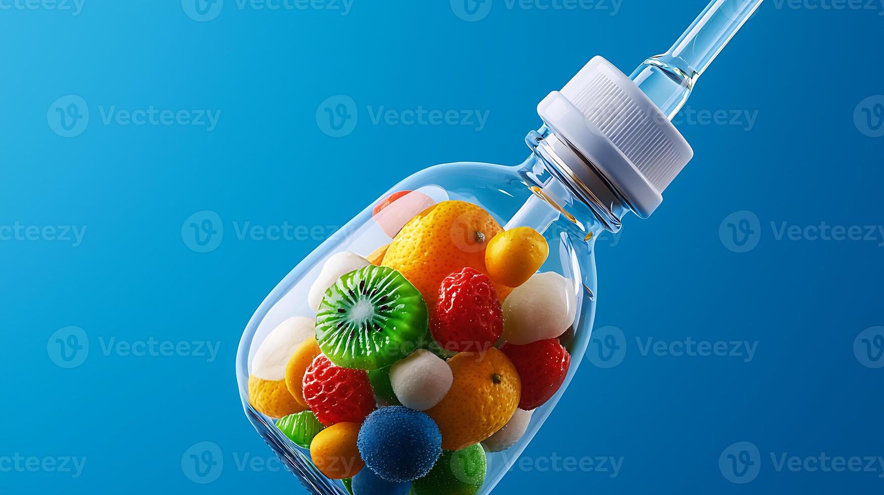 Colorful assortment of artificial fruits in a transparent bottle against a blue background photo
