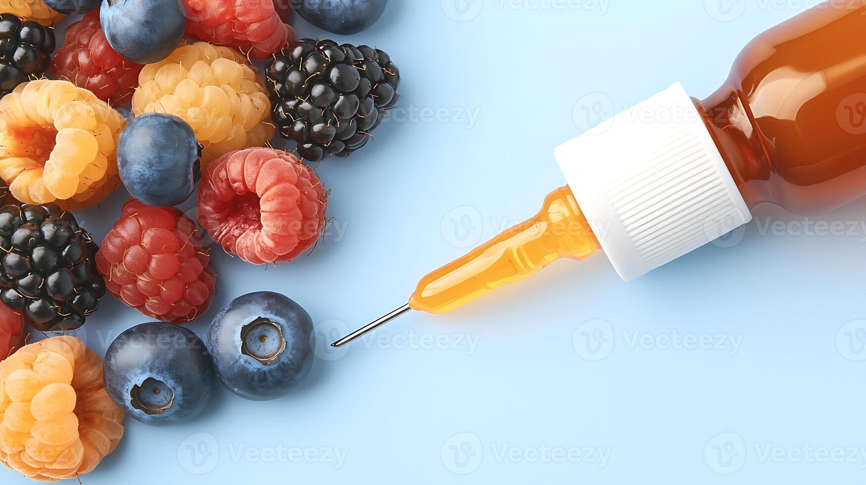 Colorful assortment of berries beside a dropper bottle, suggesting a blend of nature and science photo
