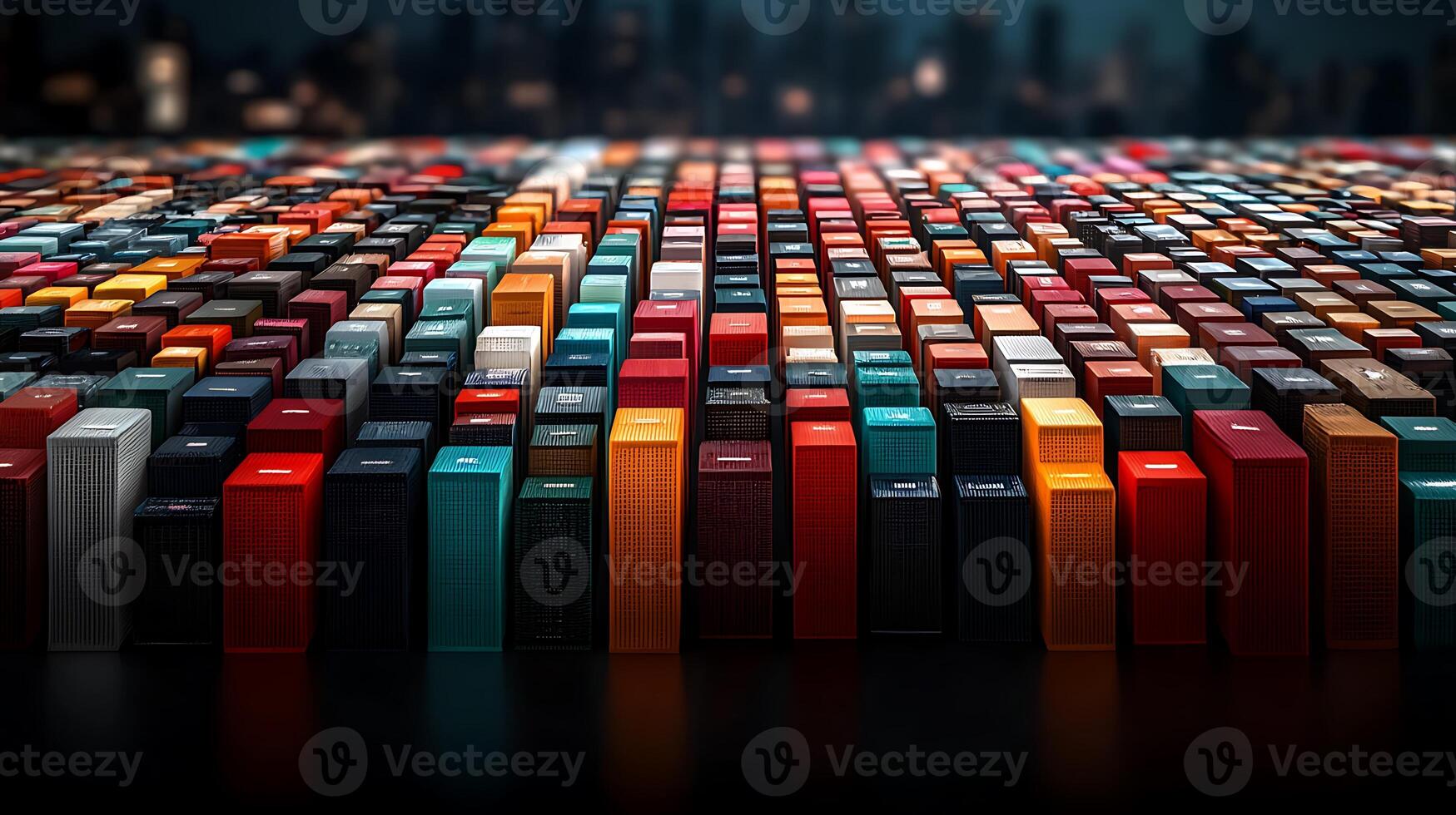 Colorful array of stacked boxes creating a vibrant urban scene at night with city skyline photo