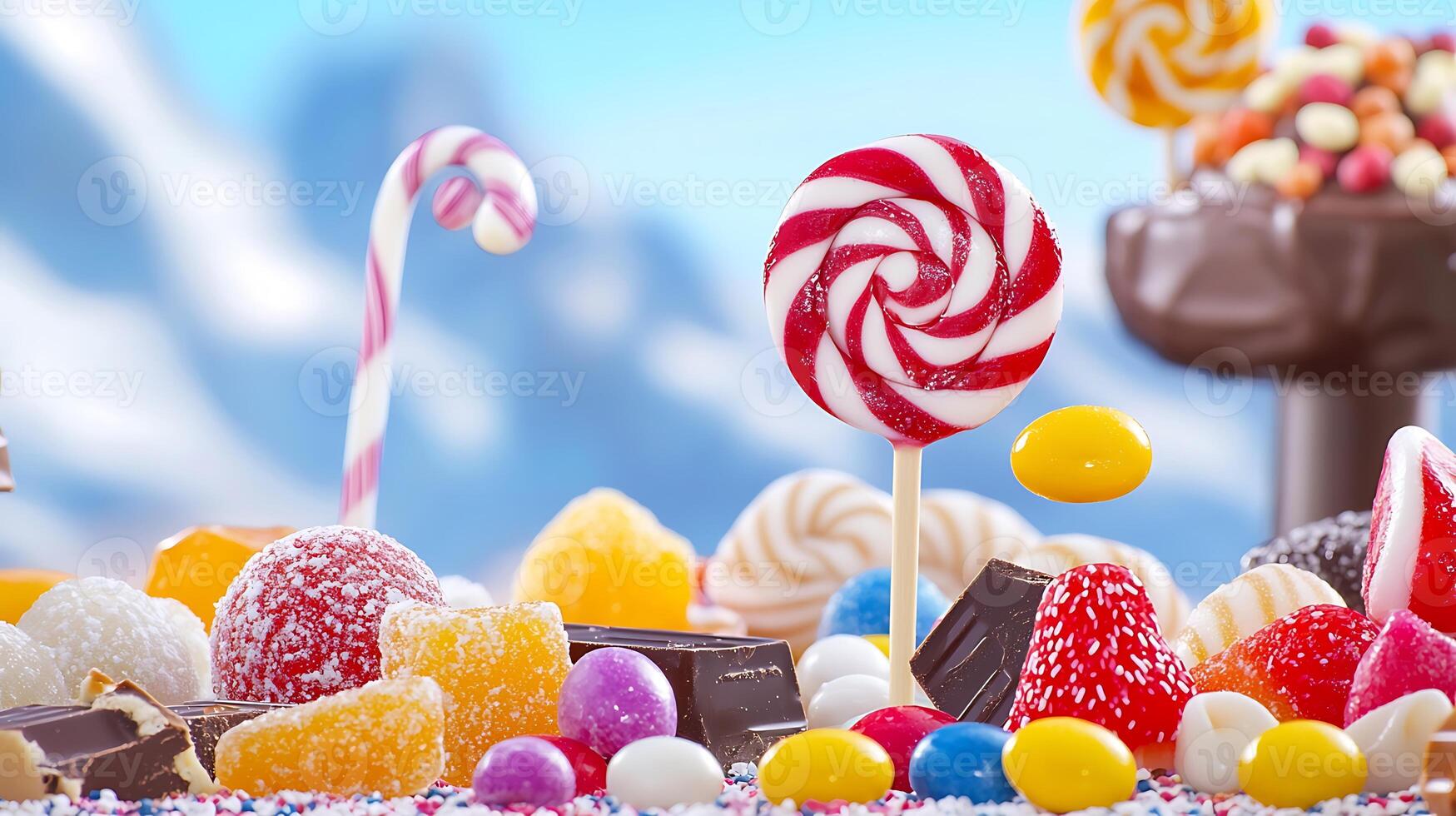 Colorful assortment of candies and sweets arranged in a whimsical setting with mountains photo