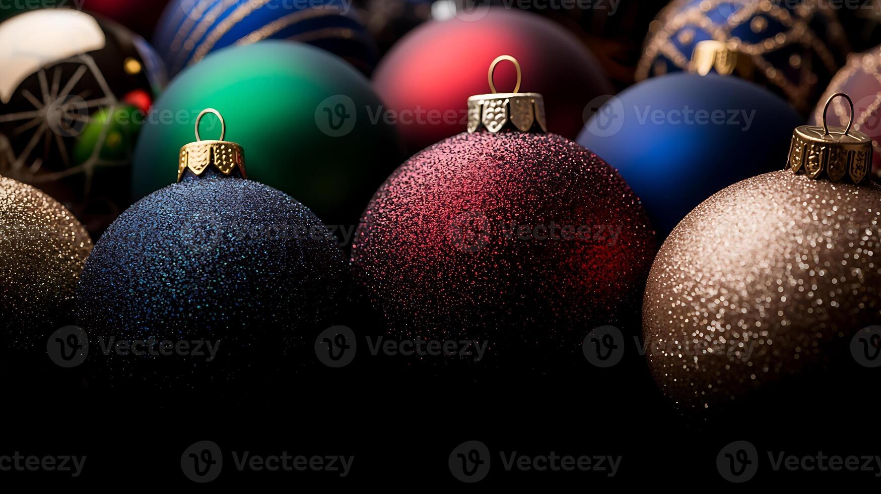 Colorful assortment of Christmas ornaments arranged closely, featuring various textures and designs photo