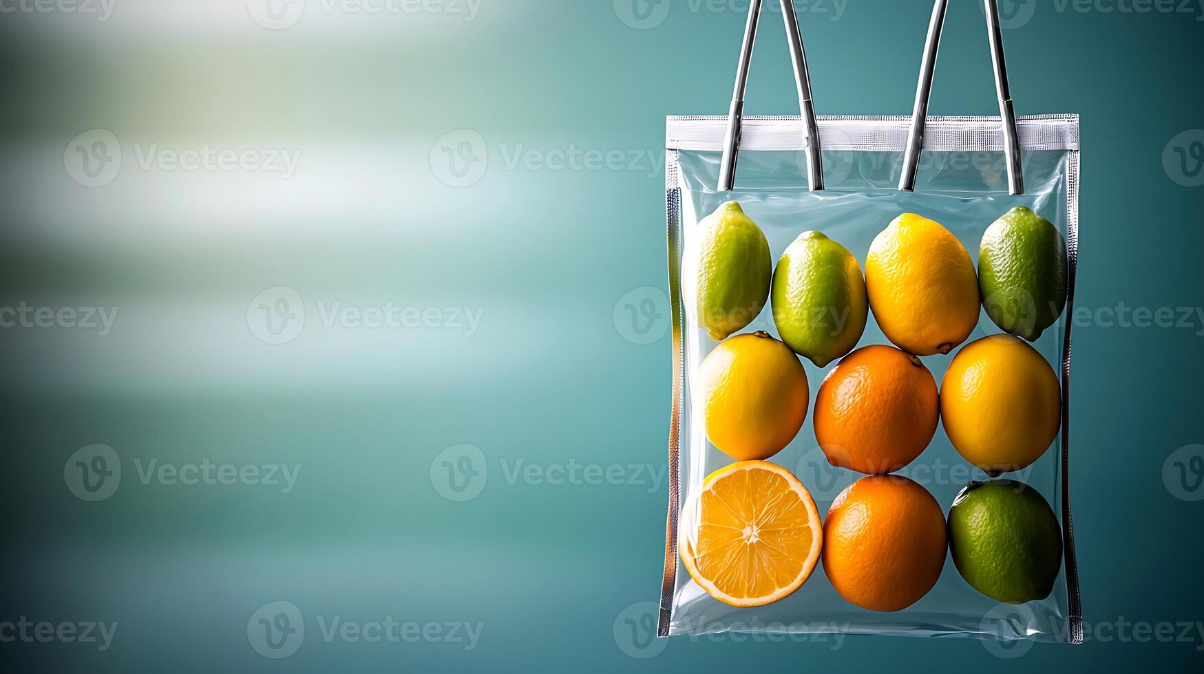 Colorful assortment of citrus fruits in a transparent bag against a soft gradient background photo