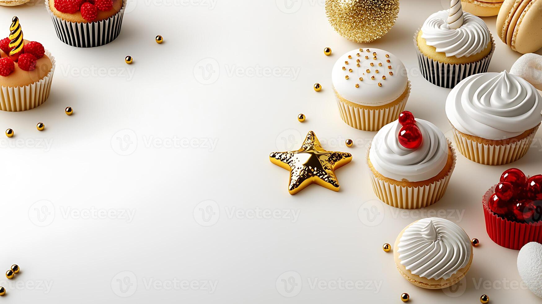 Colorful assortment of festive cupcakes arranged on a white background with decorative elements photo
