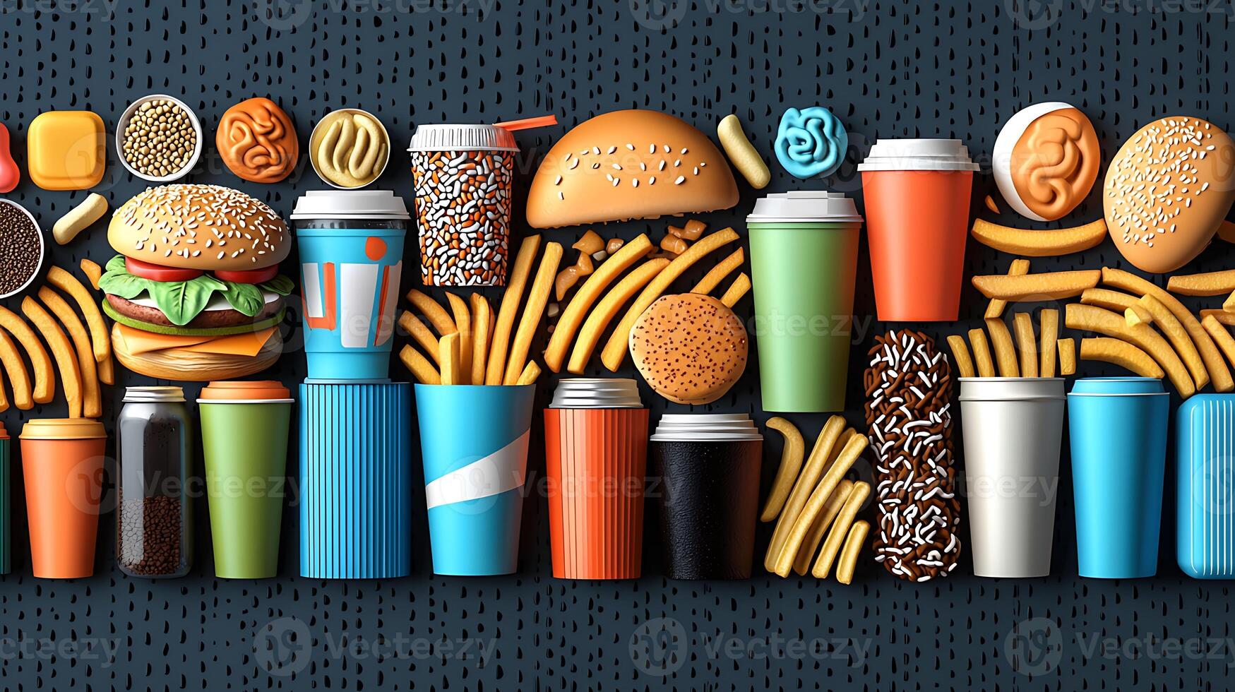 Colorful assortment of fast food items including burgers, fries, and drinks on a textured background photo