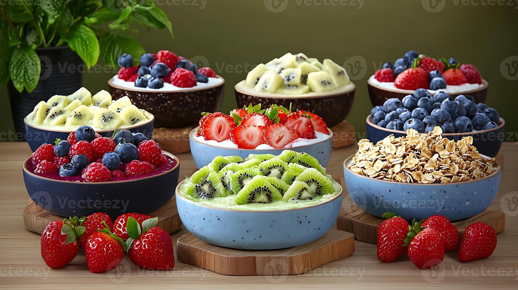 Colorful assortment of fresh fruits and yogurt bowls arranged on a wooden table with greenery photo