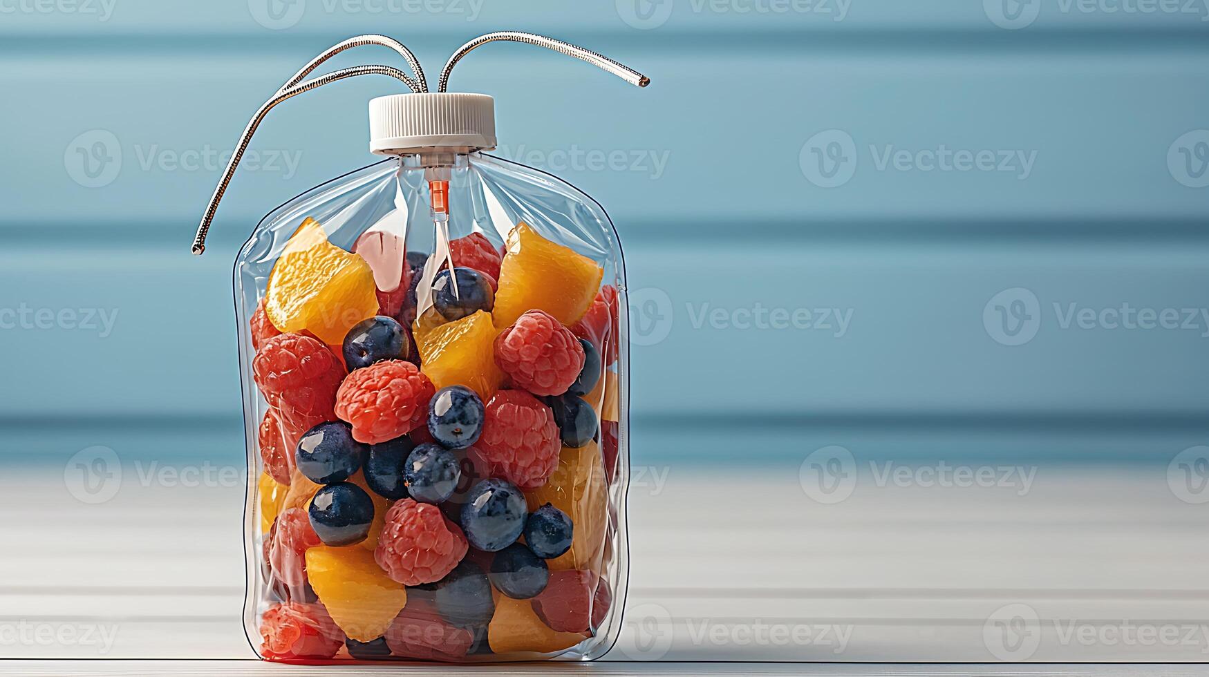 Colorful assortment of fresh fruits in a clear container against a pastel blue background photo
