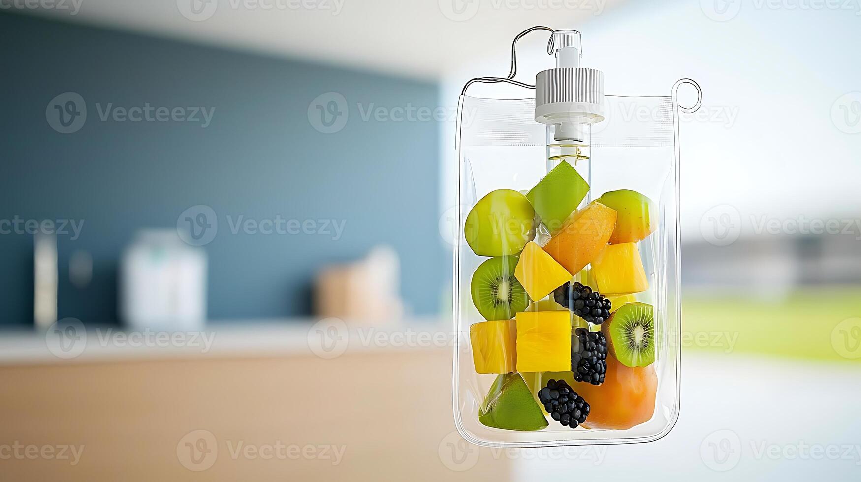 Colorful assortment of fresh fruits in a transparent container on a modern kitchen counter photo