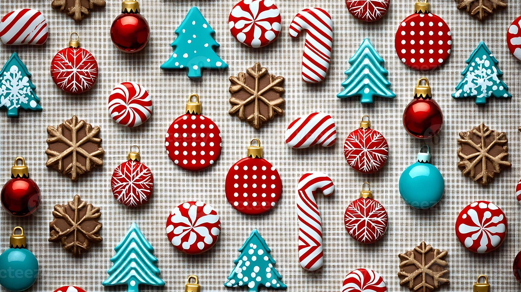 Colorful assortment of festive cookies and decorations arranged on a textured background photo