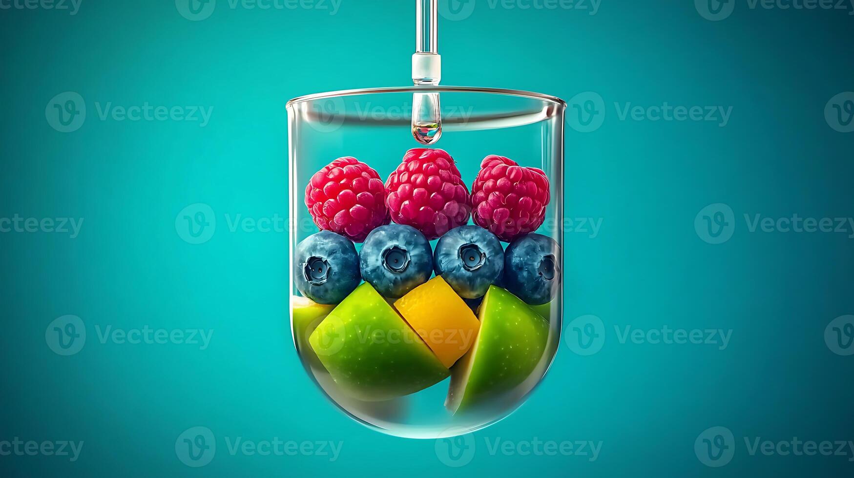 Colorful assortment of fresh fruits suspended in a glass container against a vibrant background photo