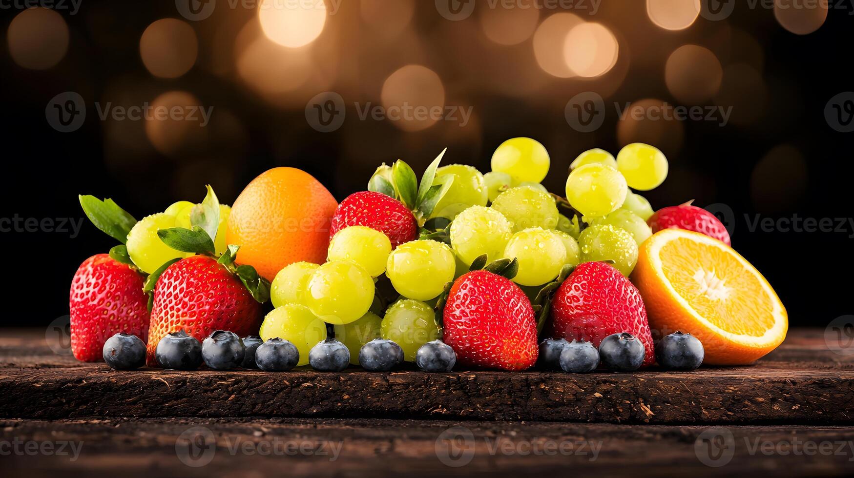 Colorful assortment of fresh fruits including strawberries, grapes, oranges, and blueberries on a wooden table with a blurred bokeh background photo