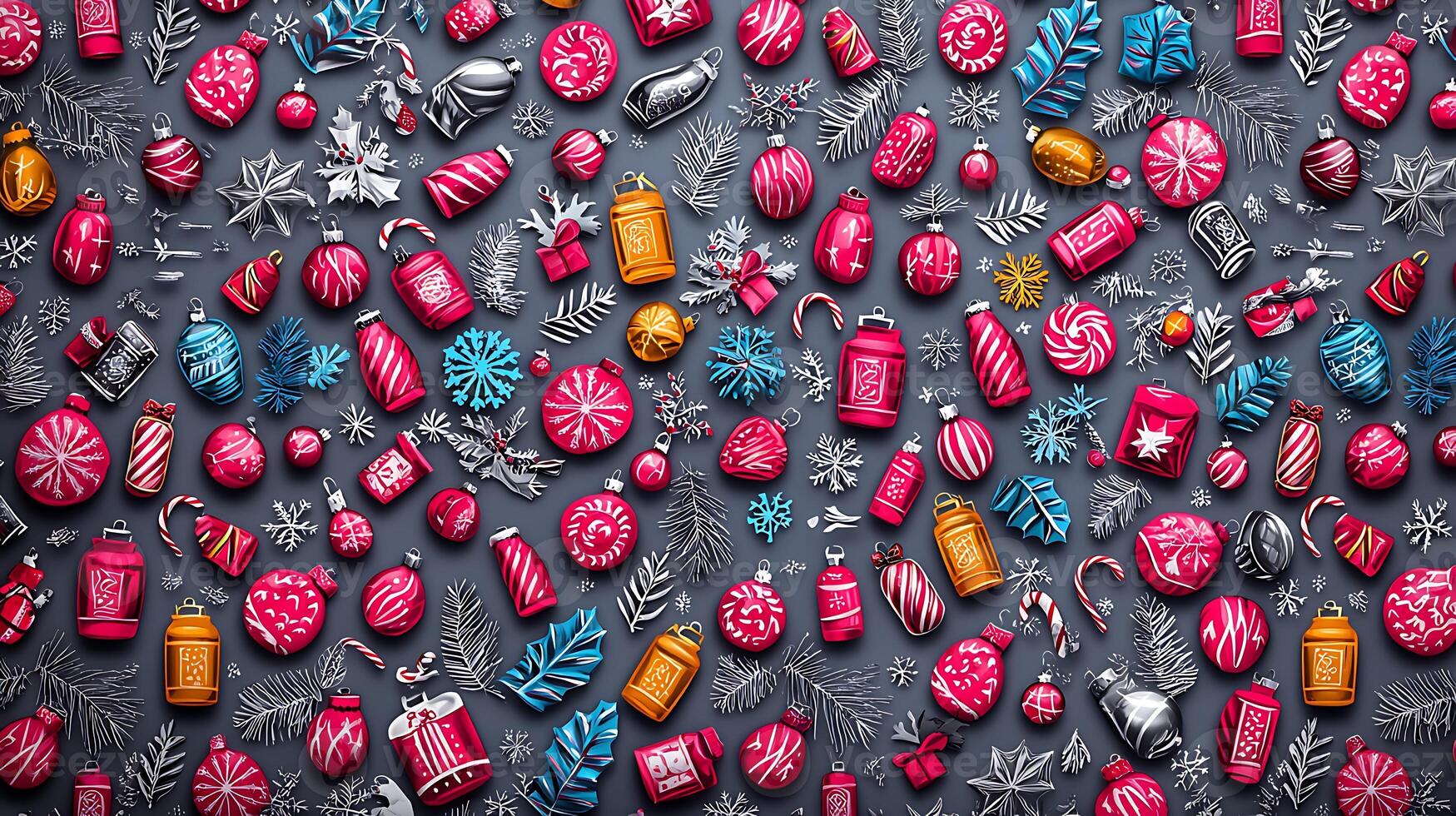Colorful assortment of holiday-themed decorations arranged on a textured background, creating a festive atmosphere photo