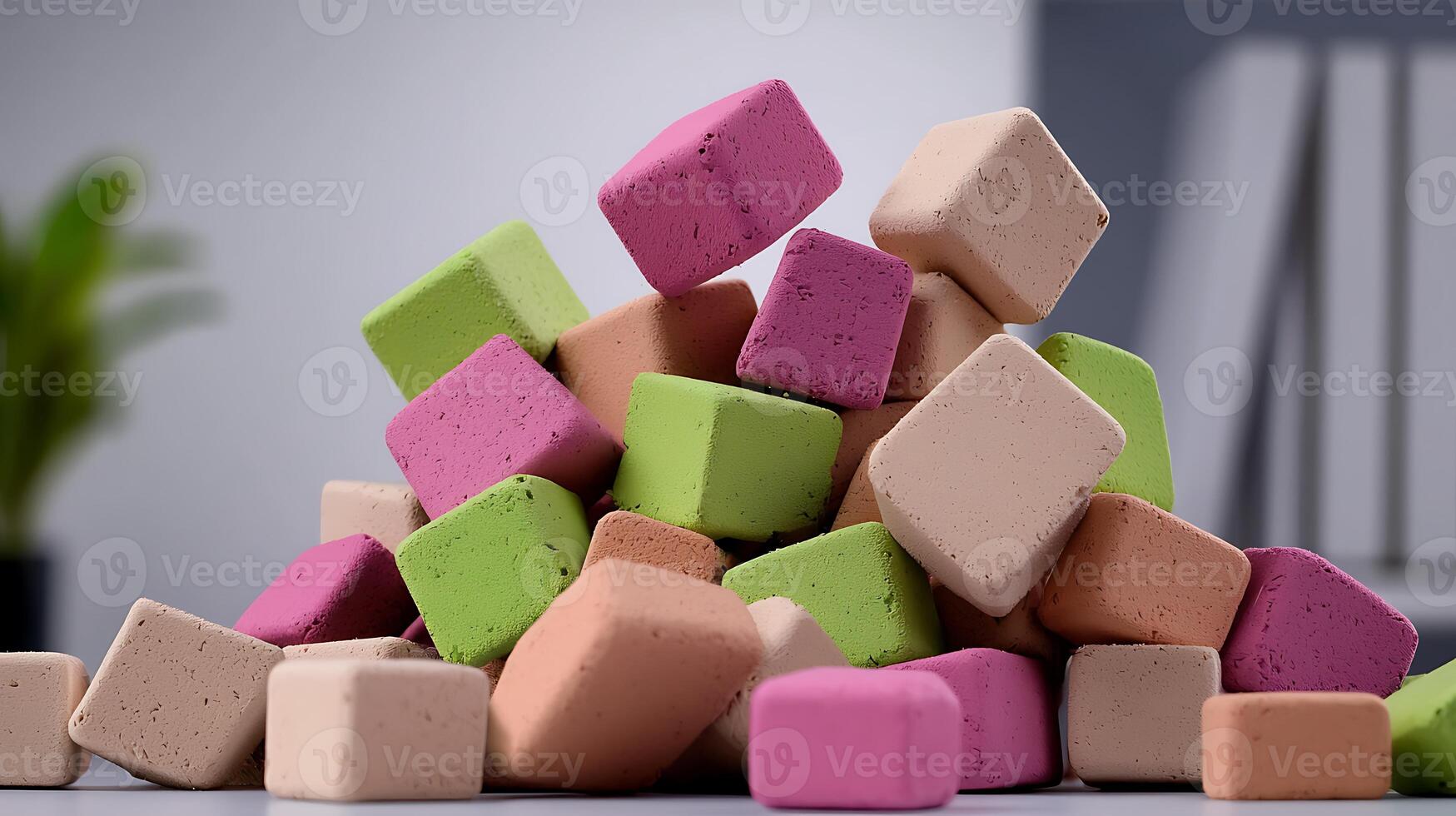 Colorful assortment of square foam blocks stacked playfully in a modern indoor setting photo