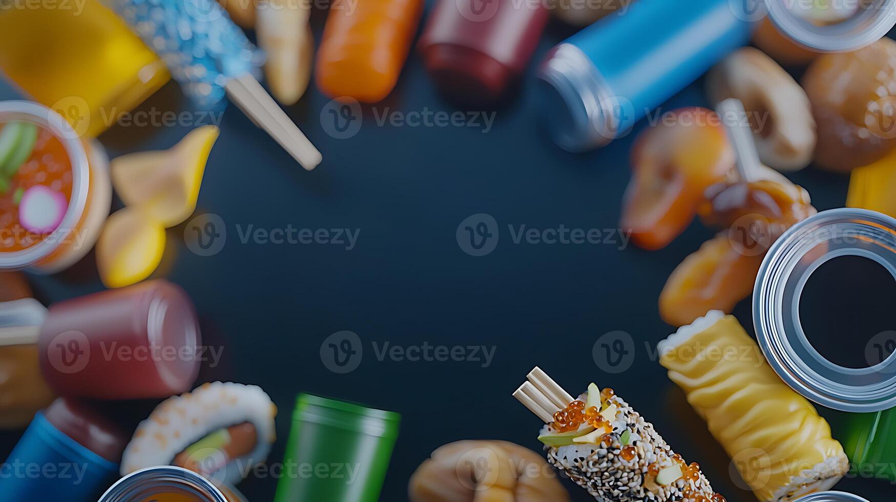 Colorful assortment of snacks and beverages arranged in a circular pattern on a dark background photo