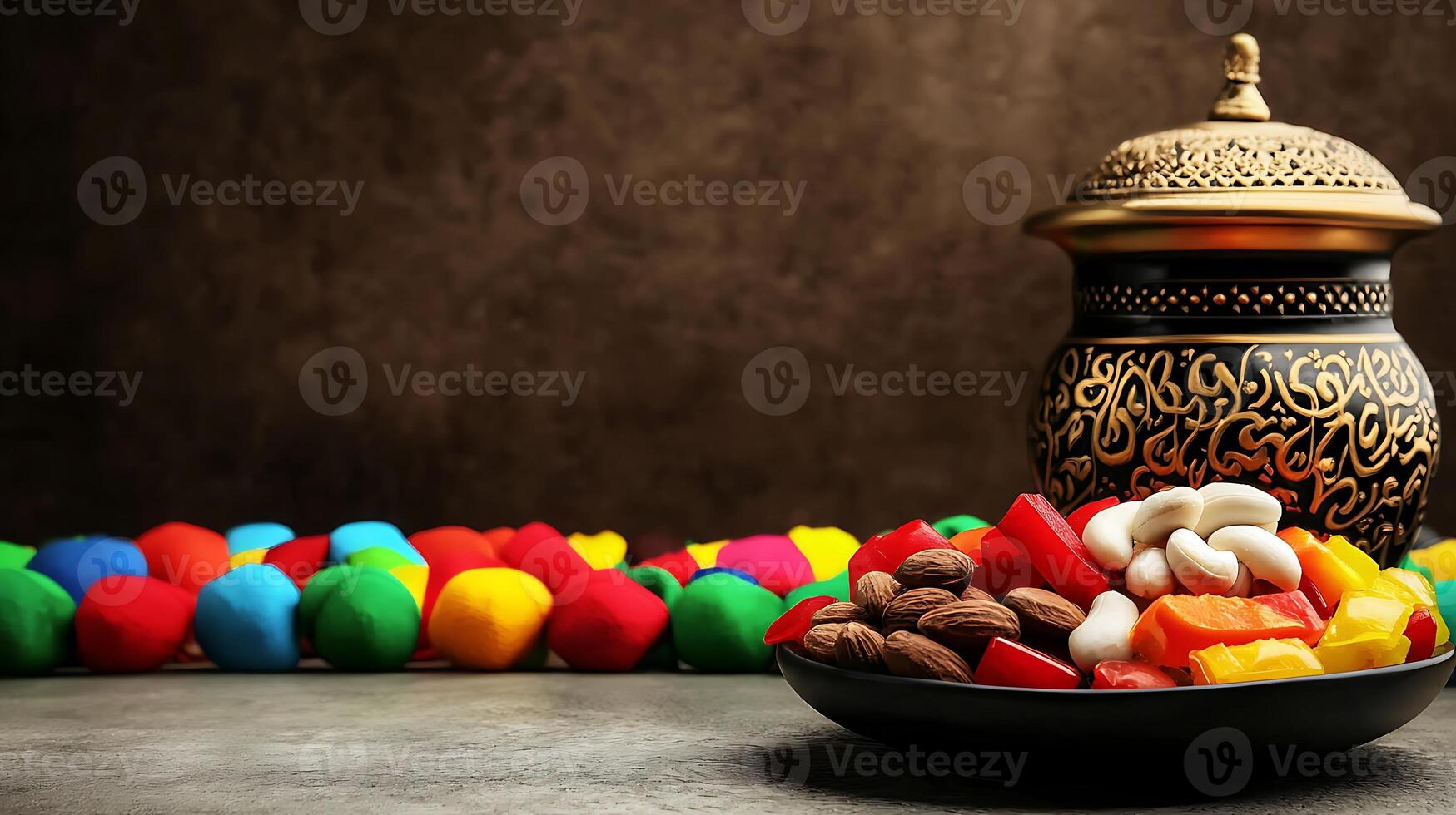 Colorful assortment of sweets and nuts displayed on a plate beside an ornate jar against a textured background photo